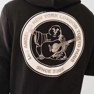 True Religion Men's Metallic City Buddha Zip Hoodie Jet Black Size XL